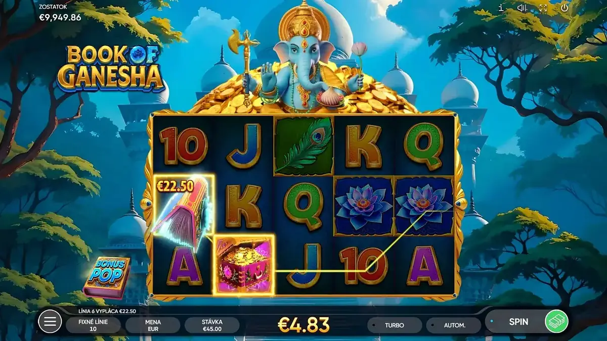 Tela do jogo Book of Ganesha com símbolos dourados